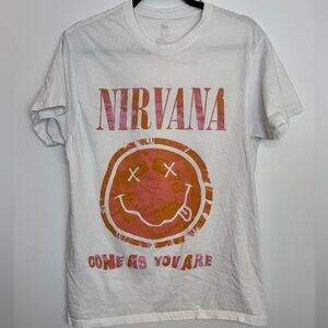 Nirvana 'Come As You Are' Graphic Tee - White with Orange/Pink Print size large
